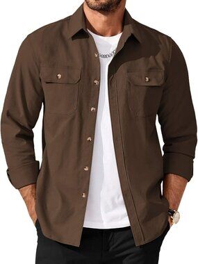 Stylish Men's Long Sleeve Button-Up Shirt Jacket with Flap Pockets - Versatile